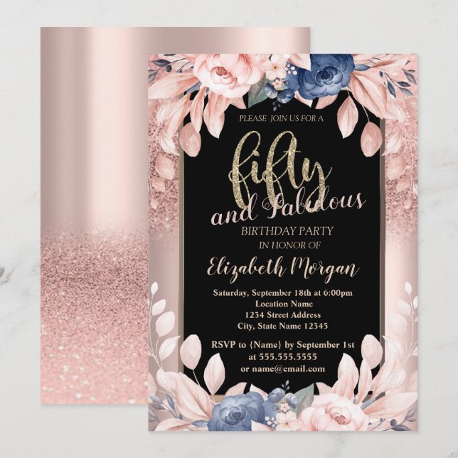 Invitation Parties scintillant d'or rose Fleurs bleues 50e fê (Devant / Derrière)