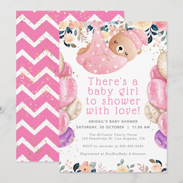 Invitation Parties scintillant d'or rose Floral Ours Baby sho (Devant / Derrière)