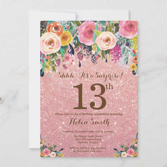 Invitation Parties scintillant d'or rose Floral Surprise 13e  (Devant)
