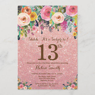 Invitation Parties scintillant d'or rose Floral Surprise 13e 