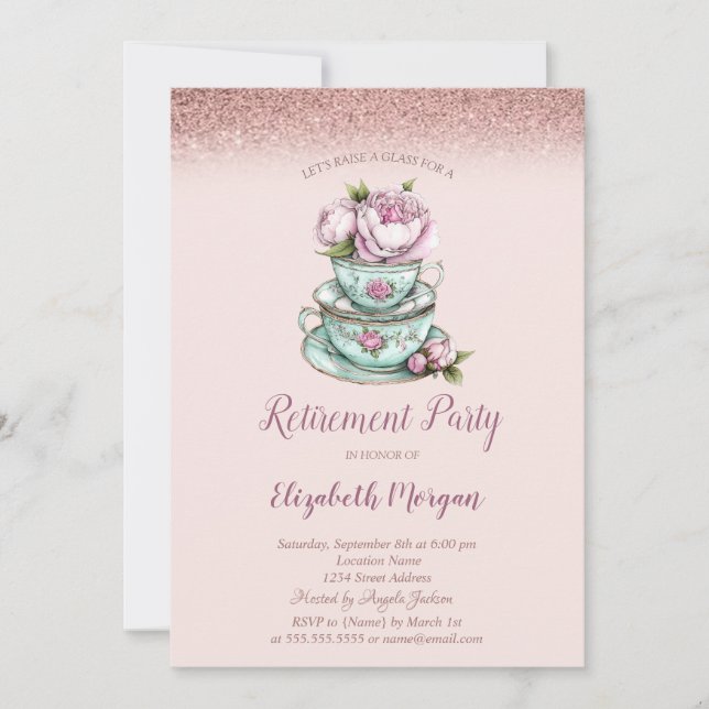 Invitation Parties scintillant d'or rose Floral Tea Cup Retra (Devant)