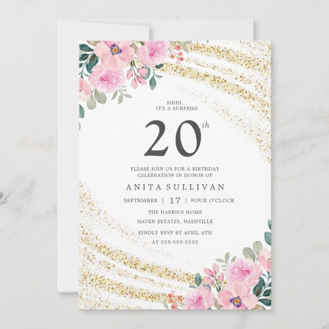 Invitation Parties scintillant d'or rose floral Vingt-vingtiè (Devant)