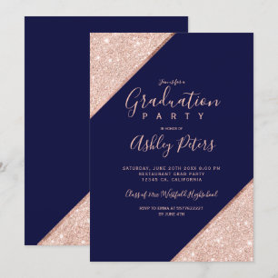 Invitation parties scintillant d'or rose marine bleu typograp