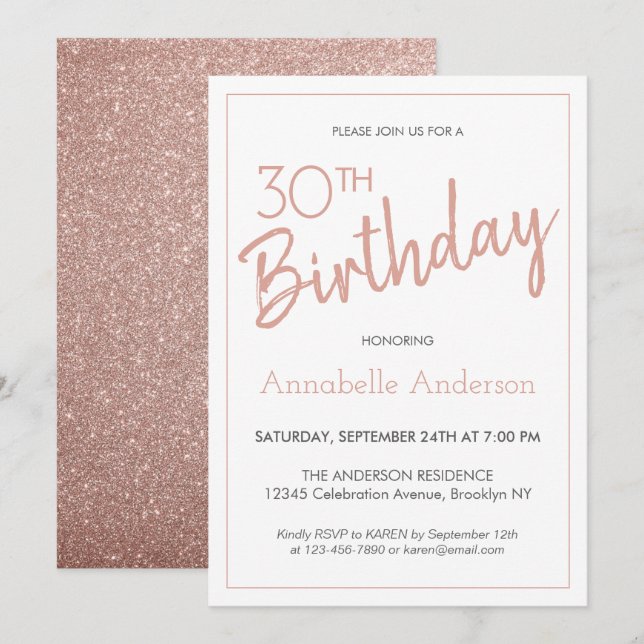 Invitation Parties scintillant d'or rose moderne 30e annivers (Devant / Derrière)