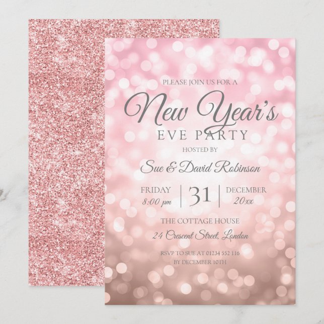 Invitation Parties scintillant d'or rose Nouvel An Eve Party  (Devant / Derrière)