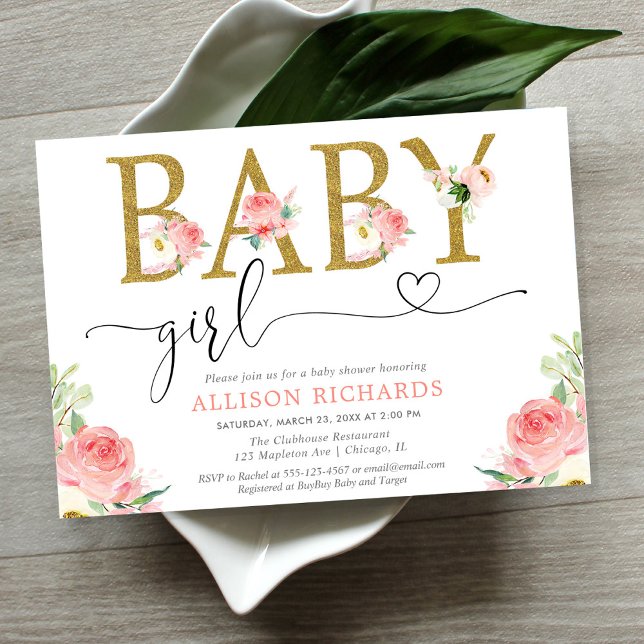 Invitation Parties scintillant d'or rose pâle floral baby sho (Créateur téléchargé)