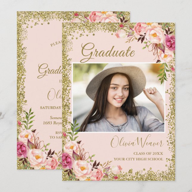 Invitation Parties scintillant d'or rose pâle Floral Photo Gr (Devant / Derrière)