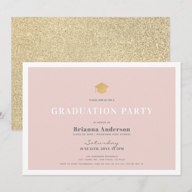 Invitation Parties scintillant d'or rose pâle Simple Graduati (Devant / Derrière)