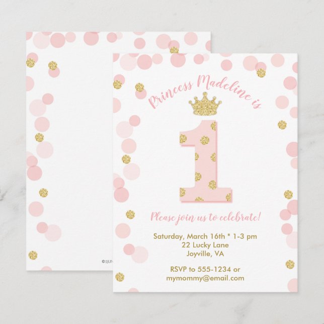 Invitation Parties scintillant d'or rose princesse 1er annive (Devant / Derrière)