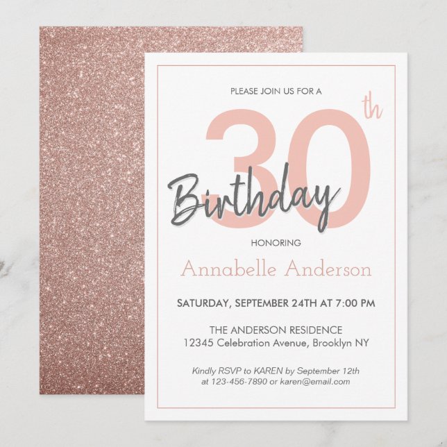 Invitation Parties scintillant d'or rose rose moderne 30e ann (Devant / Derrière)
