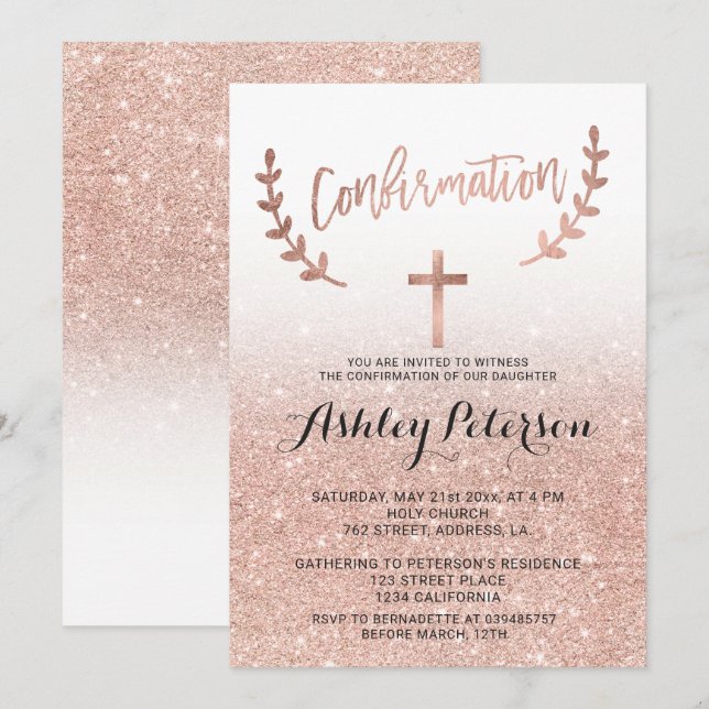 Invitation parties scintillant d'or Rose rose ombre blanc con (Devant / Derrière)