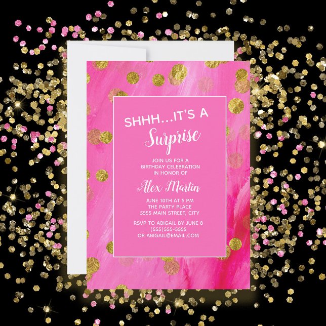 Invitation Parties scintillant d'or rose Surprise fête d'anni (Hot pink with gold glitter surprise birthday party invitation)