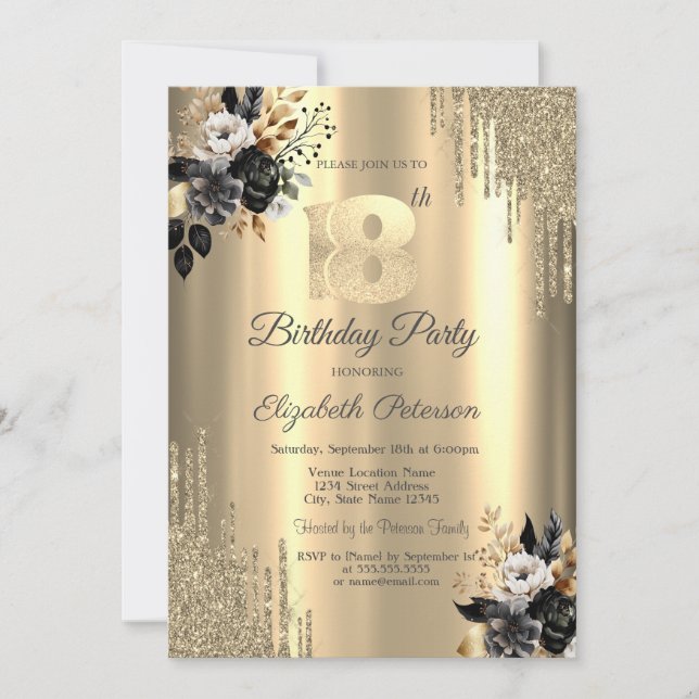 Invitation Parties scintillant d'or  Roses noirs 18e annivers (Devant)
