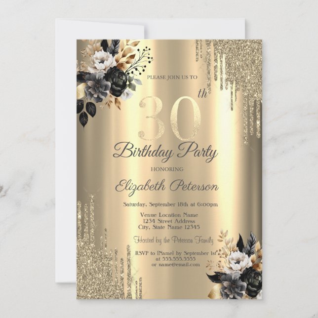Invitation Parties scintillant d'or Roses noirs 30e anniversa (Devant)