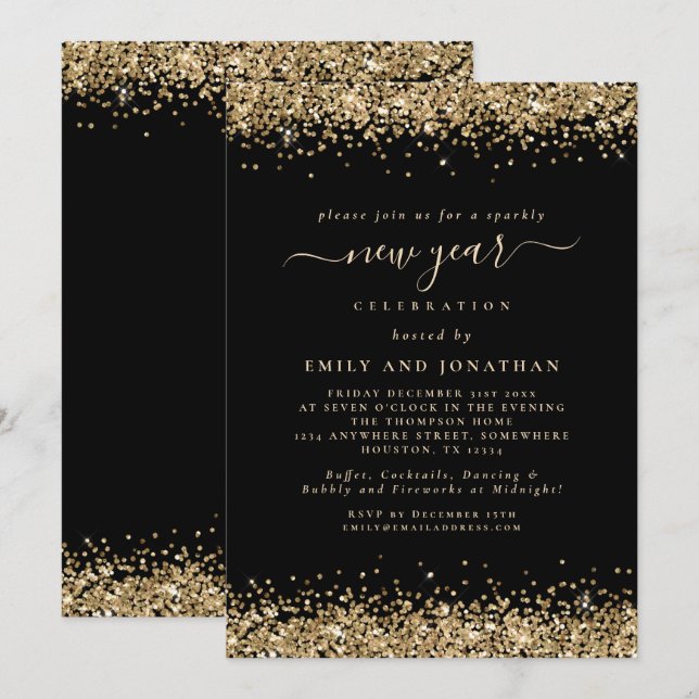 Invitation Parties scintillant d'or Script Black New Years Ev (Devant / Derrière)