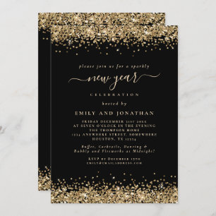 Invitation Parties scintillant d'or Script Black New Years Ev