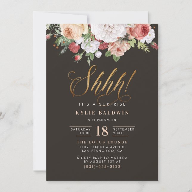 Invitation Parties scintillant d'or Shhh!Fête d'anniversaire  (Devant)