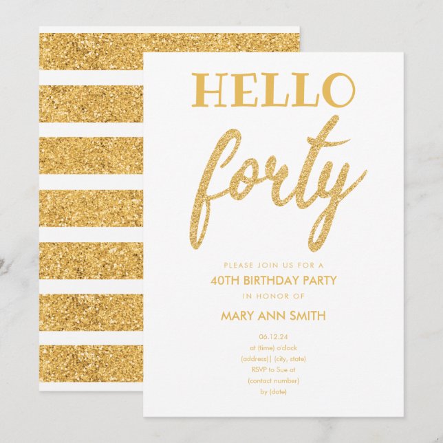 Invitation Parties scintillant d'or simple "Hello Quarty" fêt (Devant / Derrière)