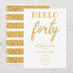 Invitation Parties scintillant d'or simple "Hello Quarty" fêt