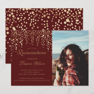 Invitation parties scintillant d'or sur Quinceanera bordeaux