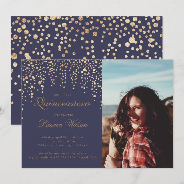 Invitation parties scintillant d'or sur Quinceanera violet Ph (Devant / Derrière)