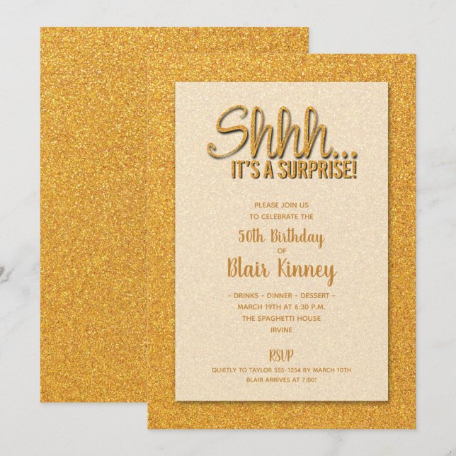 Invitation Parties scintillant d'or SURPRISE Anniversaire (Devant / Derrière)