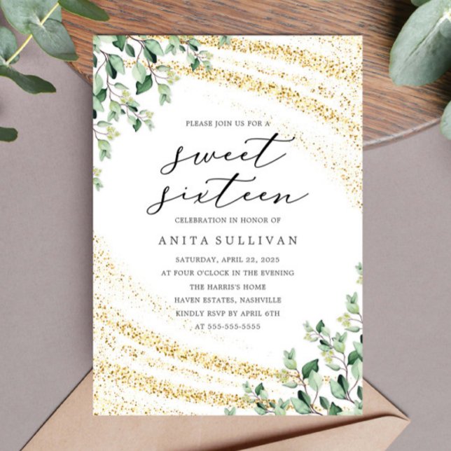 Invitation Parties scintillant d'or Sweet sixteen de verdure  (Créateur téléchargé)