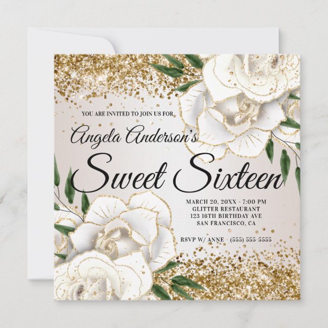 Invitation Parties scintillant d'or Sweet sixteen de verre fl (Devant)