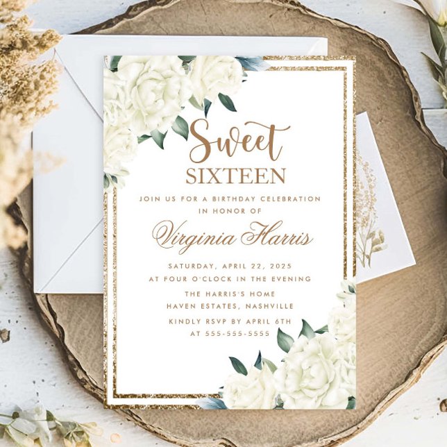 Invitation Parties scintillant d'or Sweet sixteen floral 16 A (Créateur téléchargé)