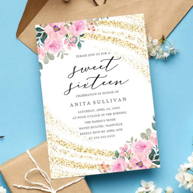 Invitation Parties scintillant d'or Sweet sixteen rose floral (Créateur téléchargé)