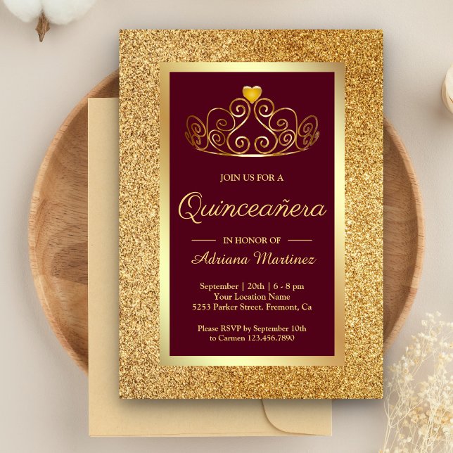 Invitation Parties scintillant d'or Tiara Princess Burgundy Q (Créateur téléchargé)