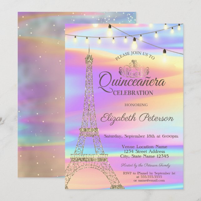 Invitation Parties scintillant d'or Tour Eiffel Holographique (Devant / Derrière)