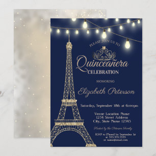 Invitation Parties scintillant d'or Tour Eiffel, Tiara Quince