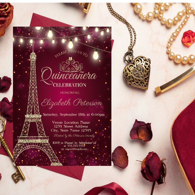 Invitation Parties scintillant d'or Tour Eiffel, Tiara Red Qu (Créateur téléchargé)