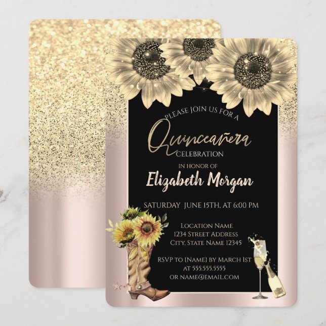 Invitation Parties scintillant d'or tournesols, Rose or Quinc (Devant / Derrière)