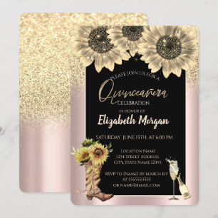 Invitation Parties scintillant d'or tournesols, Rose or Quinc