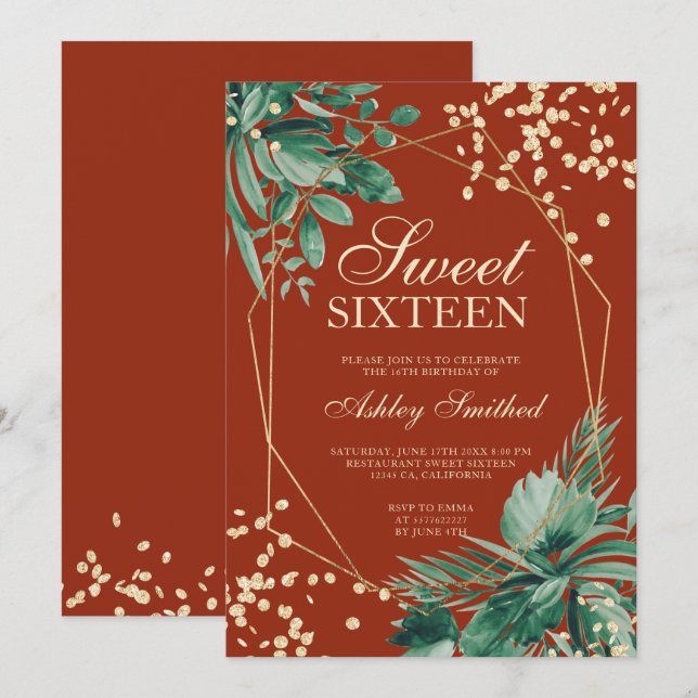 Invitation Parties scintillant d'or tropical aquarelle brun S (Devant / Derrière)