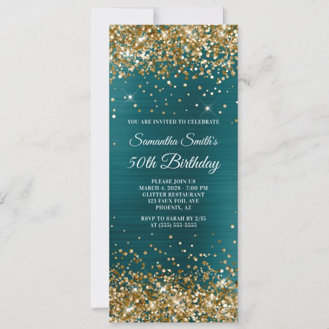 Invitation Parties scintillant d'or Turquoise Blue Foil 50e a (Devant)