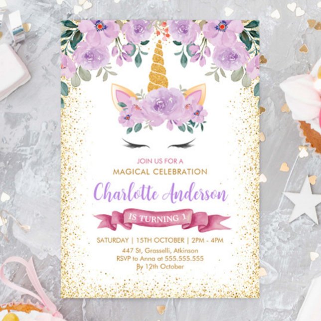 Invitation Parties scintillant d'or Turquoise violet Floral U (Créateur téléchargé)