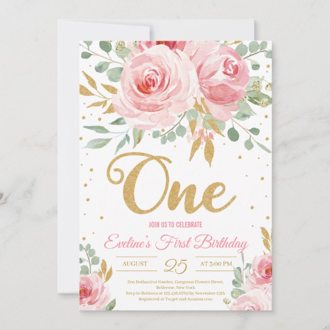 Invitation Parties scintillant d'or un bleu rose floral premi (Devant)