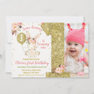 Invitation Parties scintillant d'or Un lapin 1er anniversaire