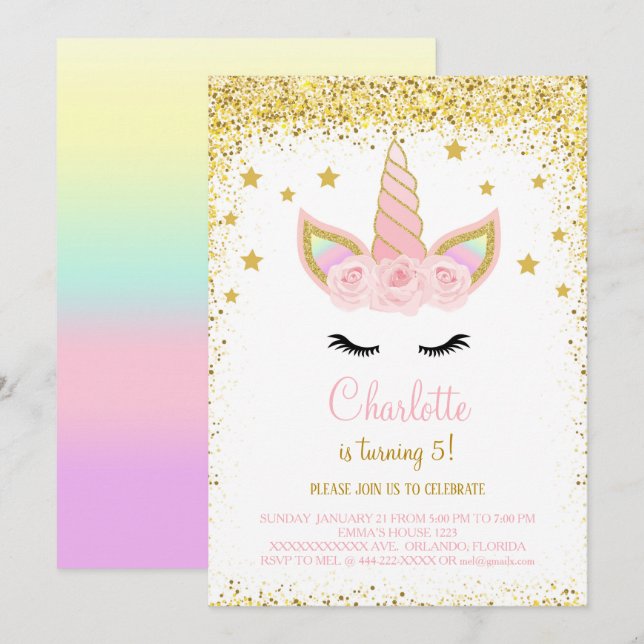 Invitation Parties scintillant d'or Unicorn Anniversaire Invi (Devant / Derrière)