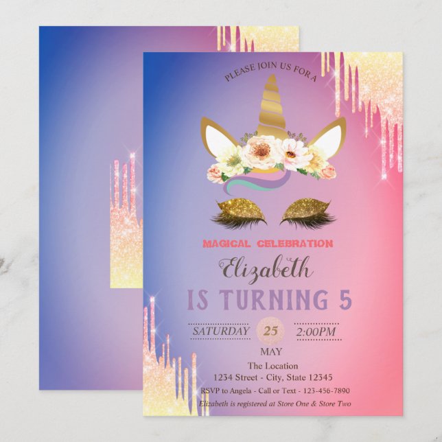 Invitation Parties scintillant d'or Unicorn Fleurs, Ombre Dri (Devant / Derrière)