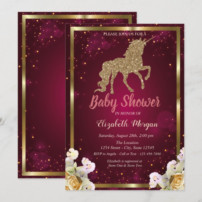 Invitation Parties scintillant d'or Unicorn Floral Bourgogne  (Devant / Derrière)