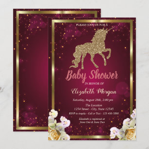 Invitation Parties scintillant d'or Unicorn Floral Bourgogne 