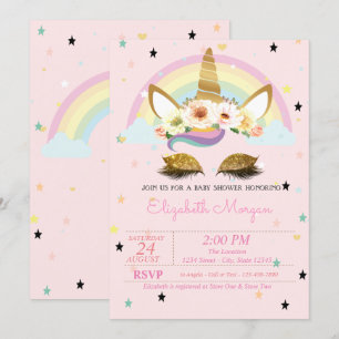 Invitation Parties scintillant d'or Unicorn Floral Rainbow Ba