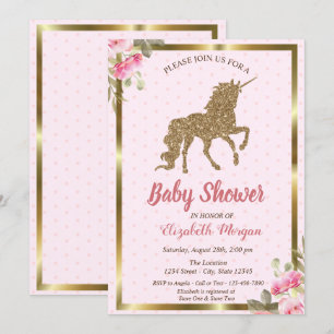 Invitation Parties scintillant d'or Unicorn Pois, Baby shower