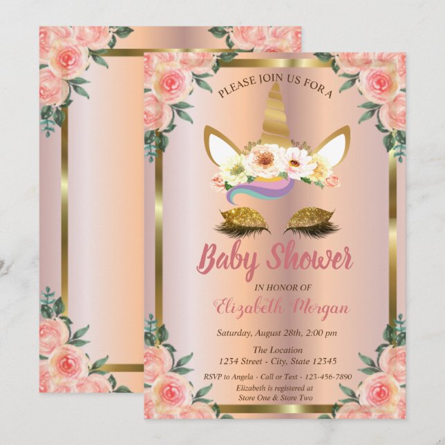 Invitation Parties scintillant d'or Unicorn Rose Baby shower  (Devant / Derrière)