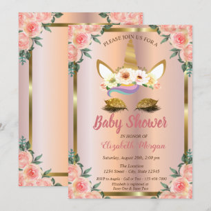 Invitation Parties scintillant d'or Unicorn Rose Baby shower 