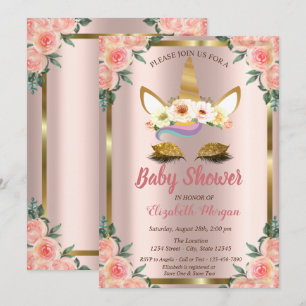 Invitation Parties scintillant d'or Unicorn Rose Couronne Bab